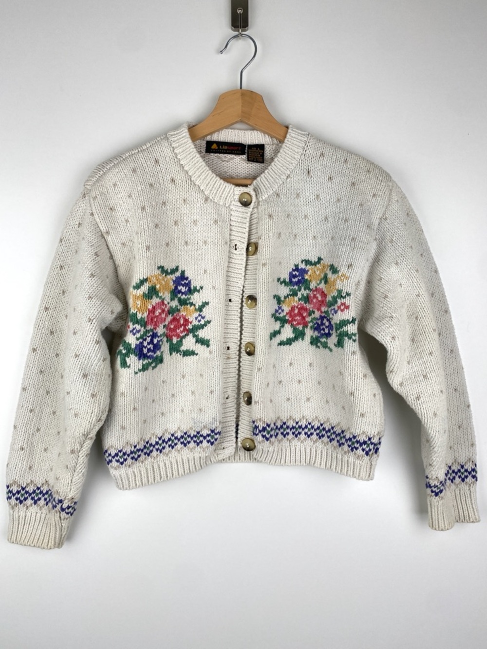 Vintage Lizsport Hand-Knit Cardigan Sweater Floral, Sz S